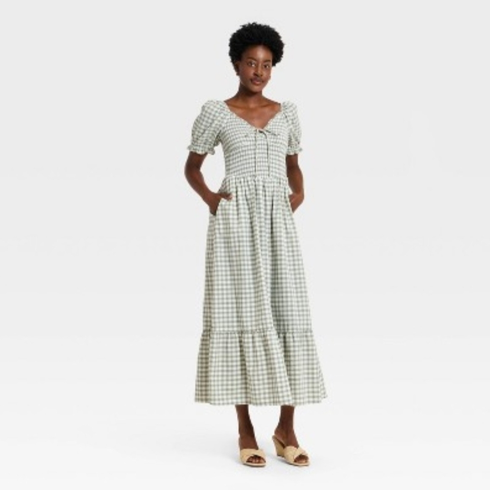 Women's Western Puff Short Sleeve Smocked Midi A-Line Dress - Universal Thread - Picture 1 of 5